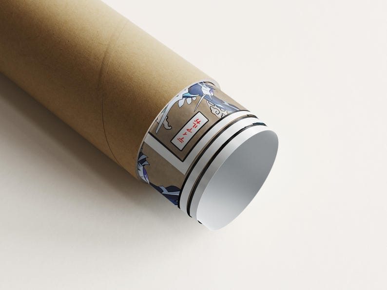 May include: A rolled-up poster in a brown cardboard tube. The poster's edge reveals a Japanese-style illustration with blue waves and text in a rectangular frame. The tube is on a white surface.