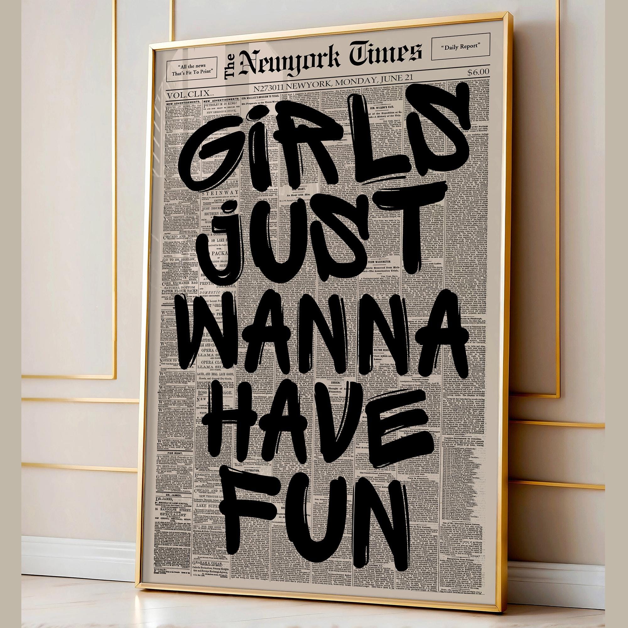 Retro Girls Just Wanna Have Fun Newspaper Poster, Trendy Wall Art