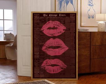 Póster de periódico con besos de labios rojos retro, póster de periódico con besos de labios rosas, impresión estética de moda, decoración de pared para habitación femenina, impresión imprimible