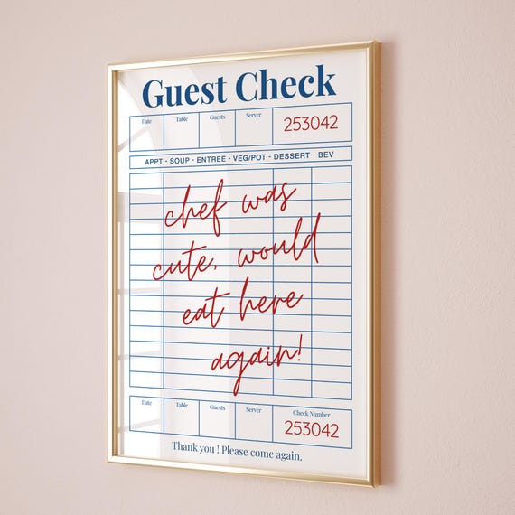 Guest Check Poster, Trendy Chef Was Cute Would Eat Here Again Wall Art, Trendy Kitchen Decor Poster, Restaurant Art, Gift Idea