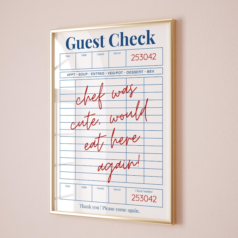 Guest Check Poster, Trendy Chef Was Cute Would Eat Here Again Wall Art, Trendy Kitchen Decor Poster, Restaurant Art, Gift Idea
