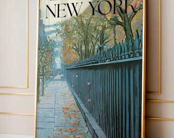 Vintage New York Autumn City Street Poster, Retro Holiday Art, Retro Fall Art Decor, Canvas Wall Art Trendy Digital Print