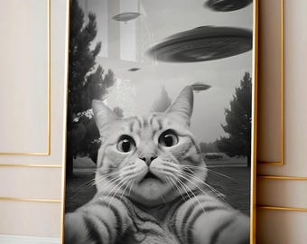 Funny Cat Selfie with UFO Print, UFO Poster, Trendy Cat Wall Art, Digital Print, Instant Download, Gift for Cat Lover