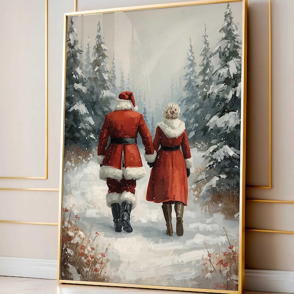 Vintage Santa Claus and Mrs. Claus Wall Art, Christmas Painting Poster, Winter Snowy Scene Art, Holiday Decor, Festive Couple Artwork