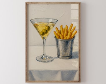 Impression d'art Martini et frites déco originale de chariot de bar, art de cocktail rétro, décoration de bar, oeuvre de martini pour la décoration intérieure