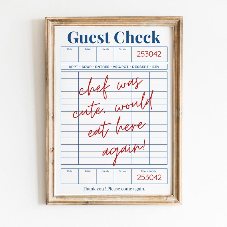 Guest Check Poster, Trendy Chef Was Cute Would Eat Here Again Wall Art, Trendy Kitchen Decor Poster, Restaurant Art, Gift Idea