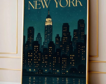 Vintage NYC  Nighttime Cityscape Print, Vintage NYC Christmas Print, Christmas New York Print, Winter Home Decor Digital Print