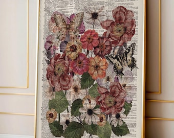 Antique Wildflower Dictionary Art Poster, Flower Themed dictionary prints, Vintage Wall Decor Newspaper Print, Trendy Aesthetic Wall Art