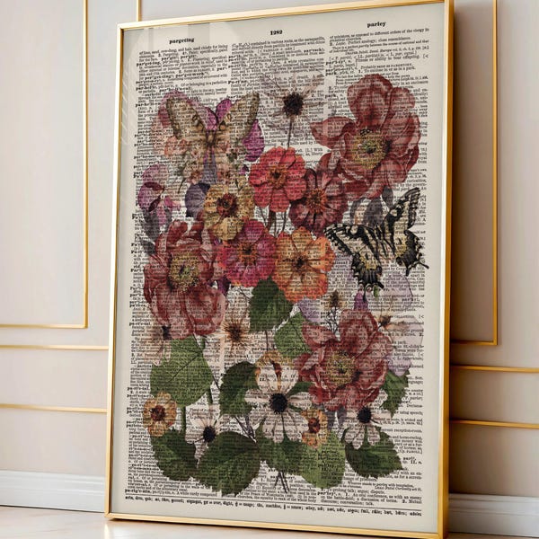Antique Wildflower Dictionary Art Poster, Flower Themed dictionary prints, Vintage Wall Decor Newspaper Print, Trendy Aesthetic Wall Art