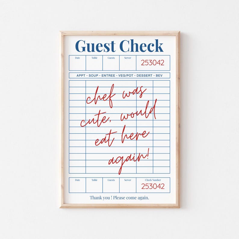 Guest Check Poster, Trendy Chef Was Cute Would Eat Here Again Wall Art, Trendy Kitchen Decor Poster, Restaurant Art, Gift Idea