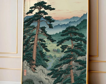 Vintage Japanese Forest Poster, Tranquil Mountain Landscape Wall Art, Retro Nature Print, Minimalist Tree Scene, Serene Home Decor