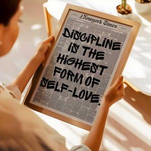 May include: A framed print featuring a newspaper background with the text "DISCIPLINE IS THE HIGHEST FORM OF SELF-LOVE." The frame is made of light-colored wood. The newspaper is dated Monday, June 21.