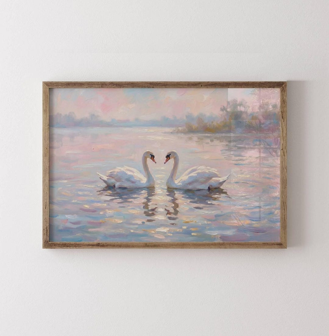 Vintage Swan Art Print Pastel Antique Swan Oil Painting Rustic ...