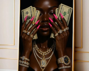 Luxury Afrocentric Black Woman Art Print, Trendy Black Girl Black Woman Art, Gold Chain, Rich Girl Decor Fashionable Glamour Chic Wall Art