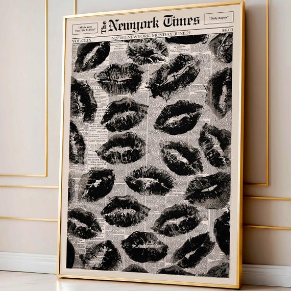 Vintage Black Kiss Lip Newspaper Wall Art, Retro Typography Print, Modern Love Decor, Fashion Wall Poster, Valentine Gift