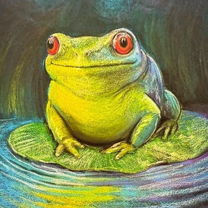 May include: A colorful pastel drawing of a frog sitting on a lily pad. The frog is a vibrant yellow-green with red eyes. The lily pad is green, and the water around it is blue and yellow.