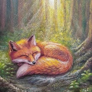 May include: A detailed illustration of a sleeping fox curled up in a forest setting. The fox has orange and white fur, with its eyes closed. The background features trees and sunlight filtering through the leaves, creating a warm, inviting scene.