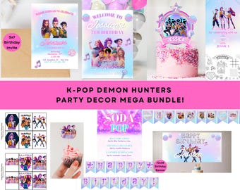 K-Pop Demon Hunter-verjaardagsbundel | Uitnodiging, spandoek, cake- en cupcaketoppers, bedankkaart