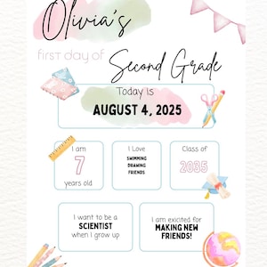 First Day of School Sign | Pink & Girly Themed Printable | Back to School | Editable Canva Template | Printable