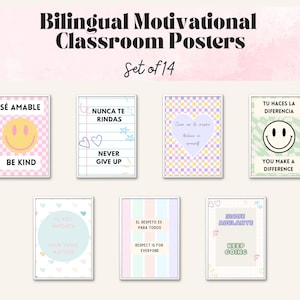 Bilingual Classroom Posters | Spanish-English | Inspirational Wall Decor | Set of 14 Printable Posters | Pastel Classroom Decor