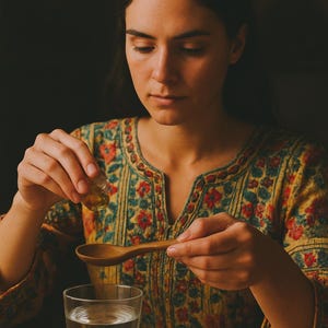 Könnte beinhalten: Eine Person gießt Flüssigkeit aus einer kleinen Glasflasche in einen Holzlöffel, mit einem Glas Wasser davor. Die Person trägt ein Oberteil mit gelbem, rotem und blauem Blumenmuster. Die Szene spielt sich auf einem Holztisch ab.