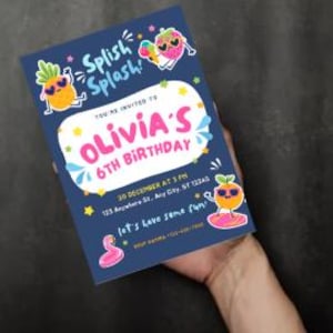 Pool Party Birthday Invitation | Splish Splash Kids Party Invite | Editable Canva Template | Girl’s Summer Birthday | Instant Download