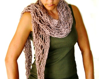Hand Knitted Womens Scarf in Beige Buff Camel Tan