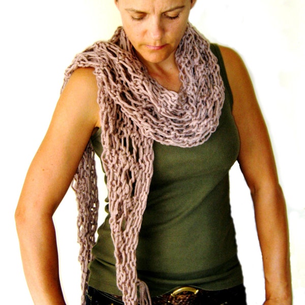 Hand Knitted Womens Scarf in Beige Buff Camel Tan