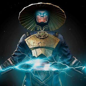 May include: A digital illustration of a character from the Mortal Kombat video game series. The character is wearing a straw hat and a blue and gold outfit, with blue energy emanating from their hands.