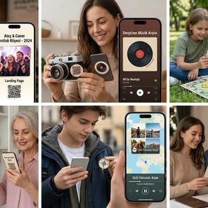 Peut inclure: Plusieurs personnes utilisent des smartphones. Les écrans des téléphones affichent différents contenus, notamment une page de destination avec du texte, une interface d'archives musicales avec un vinyle et une interface de jeu. Des codes QR sont visibles.