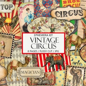 Vintage Circus Ephemera Kit Graphic | Digitale download | Plakboeken, collage, knutselen
