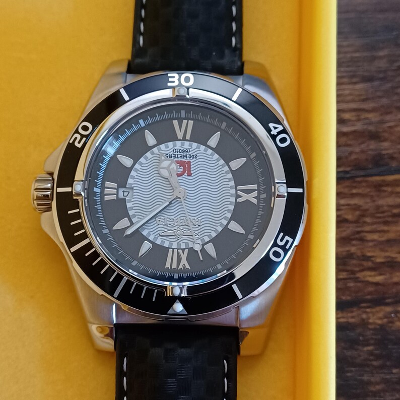 May include: A silver-toned wristwatch with a black bezel and a dark gray face. The watch features Roman numeral hour markers and a black leather band with white stitching. The watch face has the brand name and the text "200 METERS (660ft)".