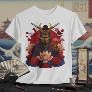 Può includere: T-shirt bianco con un design di ispirazione giapponese. La grafica raffigura un guerriero samurai con un elmo dorato, circondato da fiori rossi e rosa. Lo sfondo presenta arte tradizionale giapponese. Sono presenti anche un ventaglio e una pergamena.