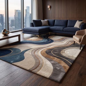 May include: A large rectangular area rug featuring a flowing, abstract pattern of curved lines and organic shapes. The design incorporates a palette of deep navy blue, warm beige, soft cream, and dark charcoal gray, creating a layered, textured look.