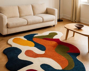 Bold Abstract Irregular Area Rug, Colorful Wavy Tufted Carpet for Living Room, Mid Century Modern Statement Rug, Funky Blob Shaped Rug