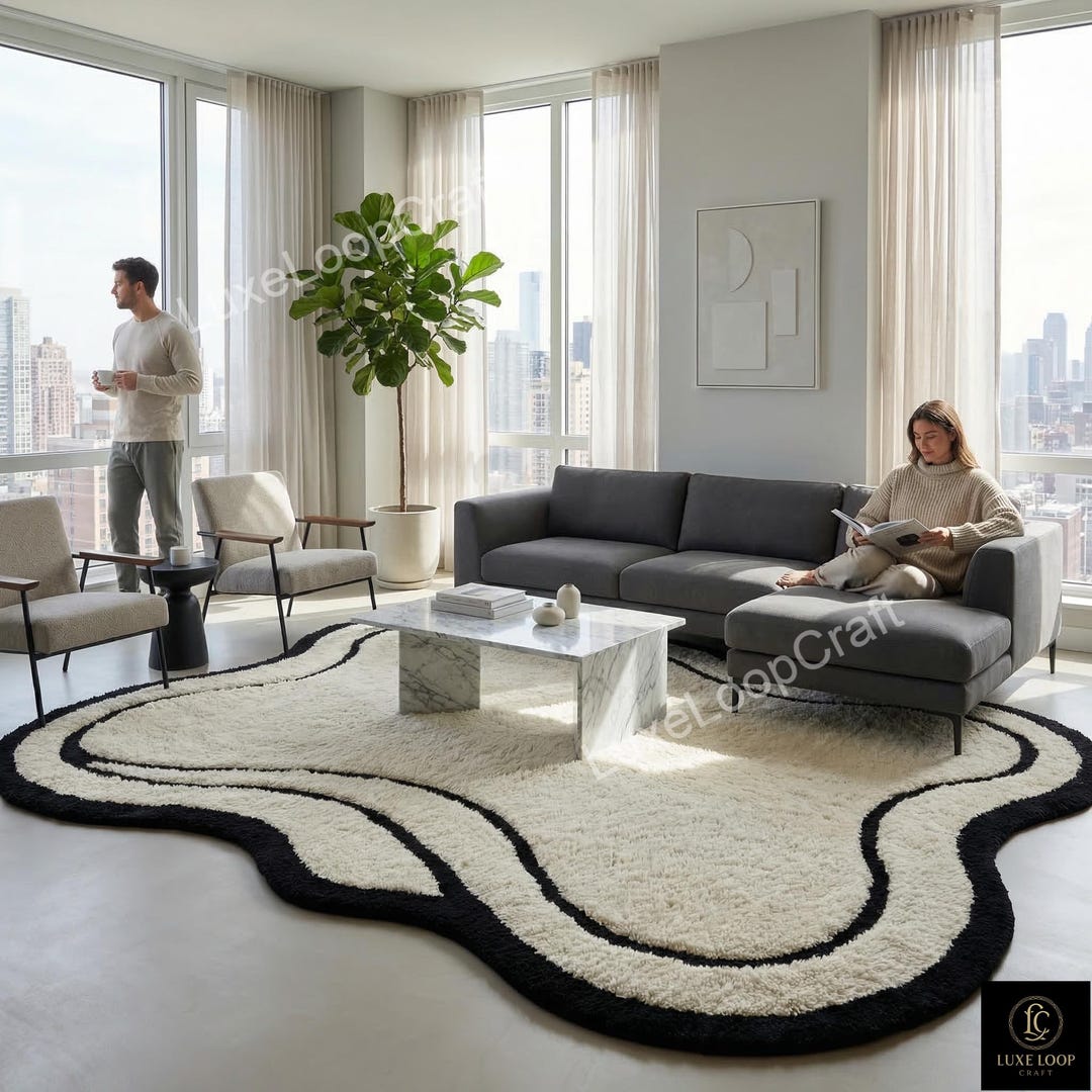 Asymmetrical Wavy Fluffy Area Rug Cream and Black Abstract Shag Rug ...