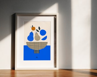 Affiche colorée Corbeille de fruit bleue
