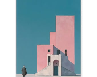Puede incluir: Una impresión de arte digital que muestra una figura solitaria con abrigo oscuro frente a un edificio rosa de varios niveles con una puerta arqueada central y una escalera. La estructura se alza sobre un cielo azul verdoso sólido.