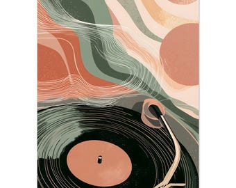 May include: A graphic art print featuring a black vinyl record on a turntable with a tonearm. The background displays abstract wavy lines and circular shapes in muted tones of sage green, terracotta, peach, and cream with a textured finish.
