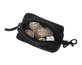 Black Leather Zipper Coin Pouch with Key Clip, Small Wallet
