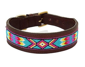 Handmade Beaded Leather Dog Collar, Tribal Aztec Western Style Pet Accessory
