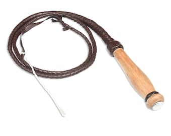 Brown Handcrafted Leather Bull Whip with Wooden Handle Equestrian and Ranch Use
