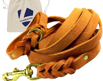 Braided Full Grain Leather Dog Leash 10ft, Heavy Duty Training Lead for All Dogs