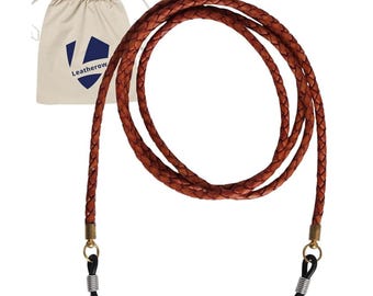 Braided Leather Glasses Strap, Adjustable Eyeglass Chain Holder, Anti-Slip Retainer (Tan)