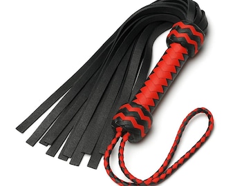 Black & Red Leather Flogger Whip – Braided Handle with Multiple Tails |Role Play Costume Accessory