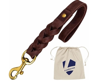 Full Grain Leather Braided Dog Leash, 15 Inch Traffic Lead for Large Dogs