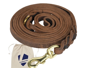 Braided Leather Dog Leash 8FT Brown, Heavy Duty Training Lead, Small Medium Dogs