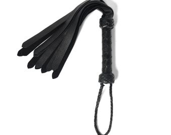 All-Black Leather Flogger Whip – Braided Handle with Soft Tails | Costume & Role-Play Accessory