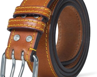 Full Grain Leather Work Belt for Men, 12–13oz Heavy Duty Double Prong Buckle Belt, Tactical Style Belt for Jeans, Durable Everyday Wear Belt