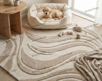 Neutral Abstract Area Rug for Living Room & Bedroom | Soft Textured Beige Cream Carpet | Modern Minimalist Home and Pet-Friendly Decor